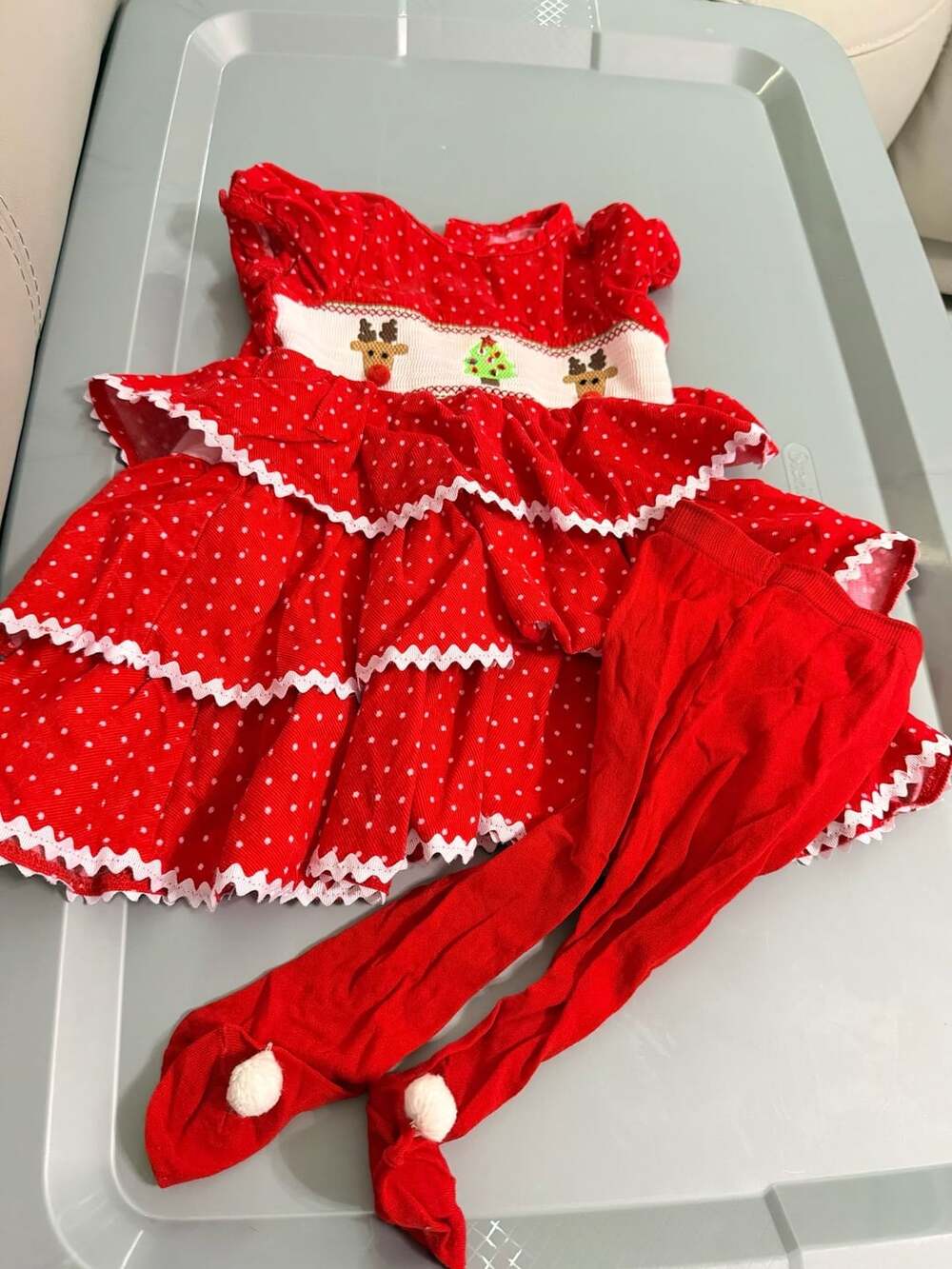 Mud Pie Christmas Dress Size 6-9M Red Polka Dot Smocked Reindeer